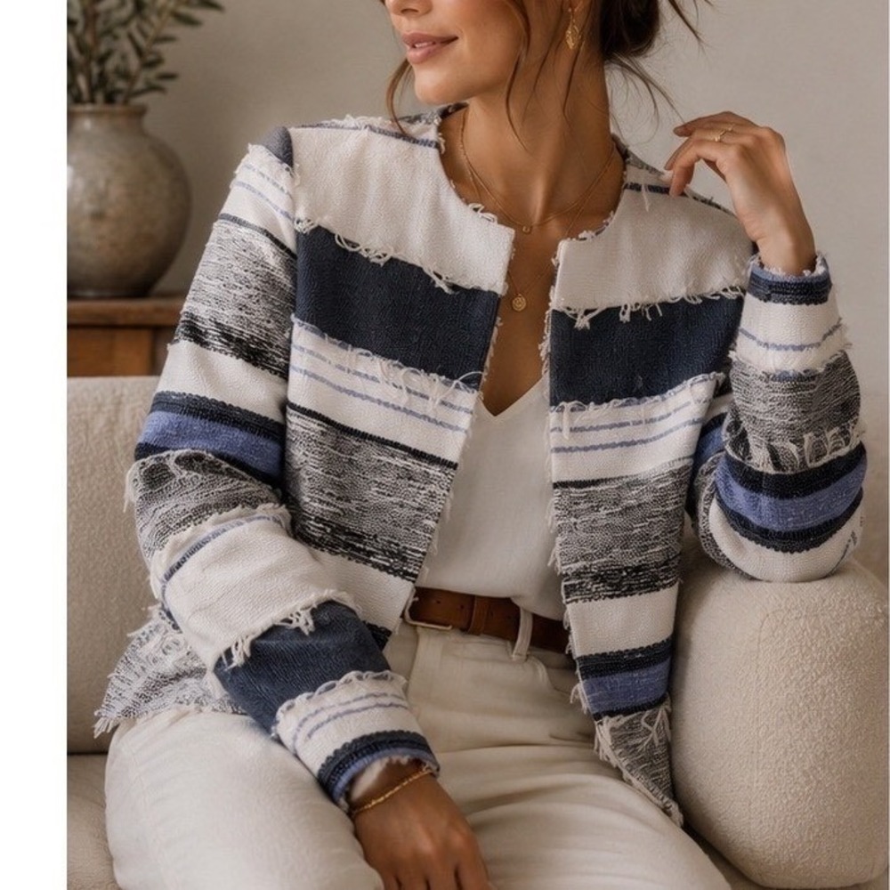 Zara Basic Tweed Jacket Womens XS Blue White Striped Frayed Fringe Open Front